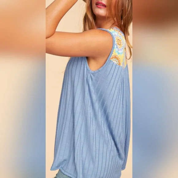 Plus Yellow & Denim Medallion Color Block Wide Rib Tank Top - Picture 6 of 8